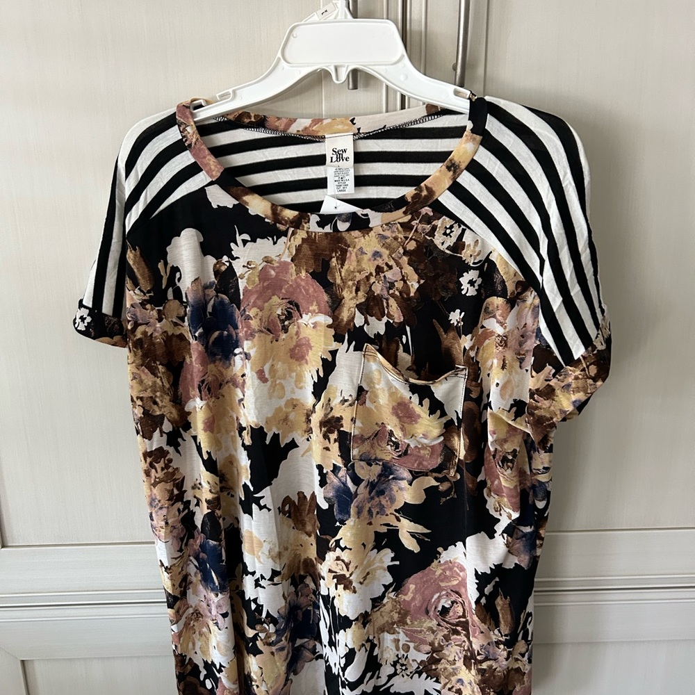 Sew In Love Black and White Striped Floral Top